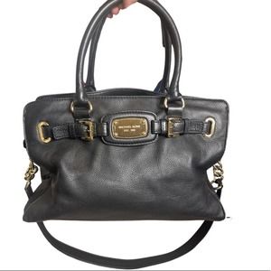 Michael Kors Hamilton Satchel Bag Purse Black Leather with Gold
